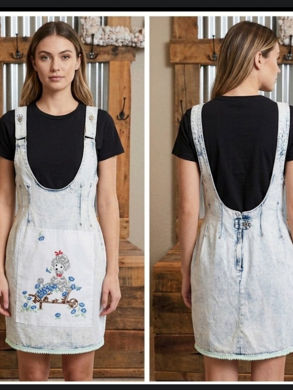 Upcycled Vtg Acid Wash Denim Jumper S Embroidered Doily Poodle Pompom SQUEEZE